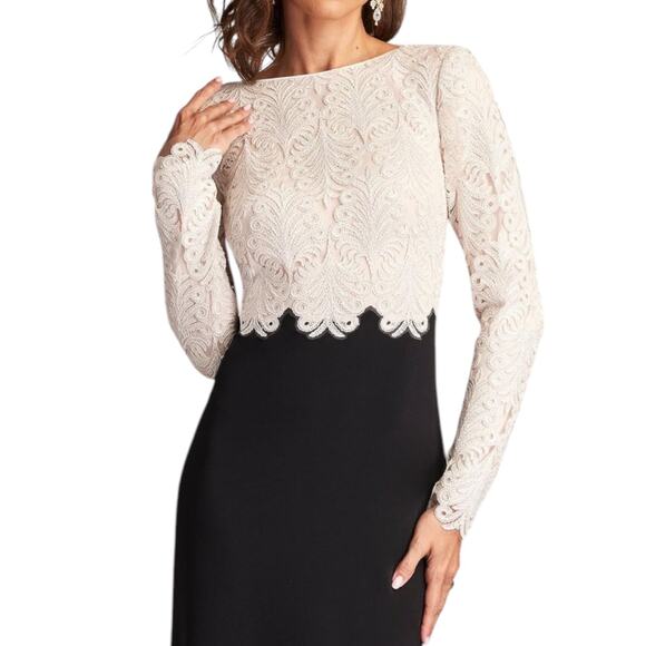 Tadashi Shoji Embroidered Lace Long Evening Gown Black Ivory Size 18 - Picture 3 of 12